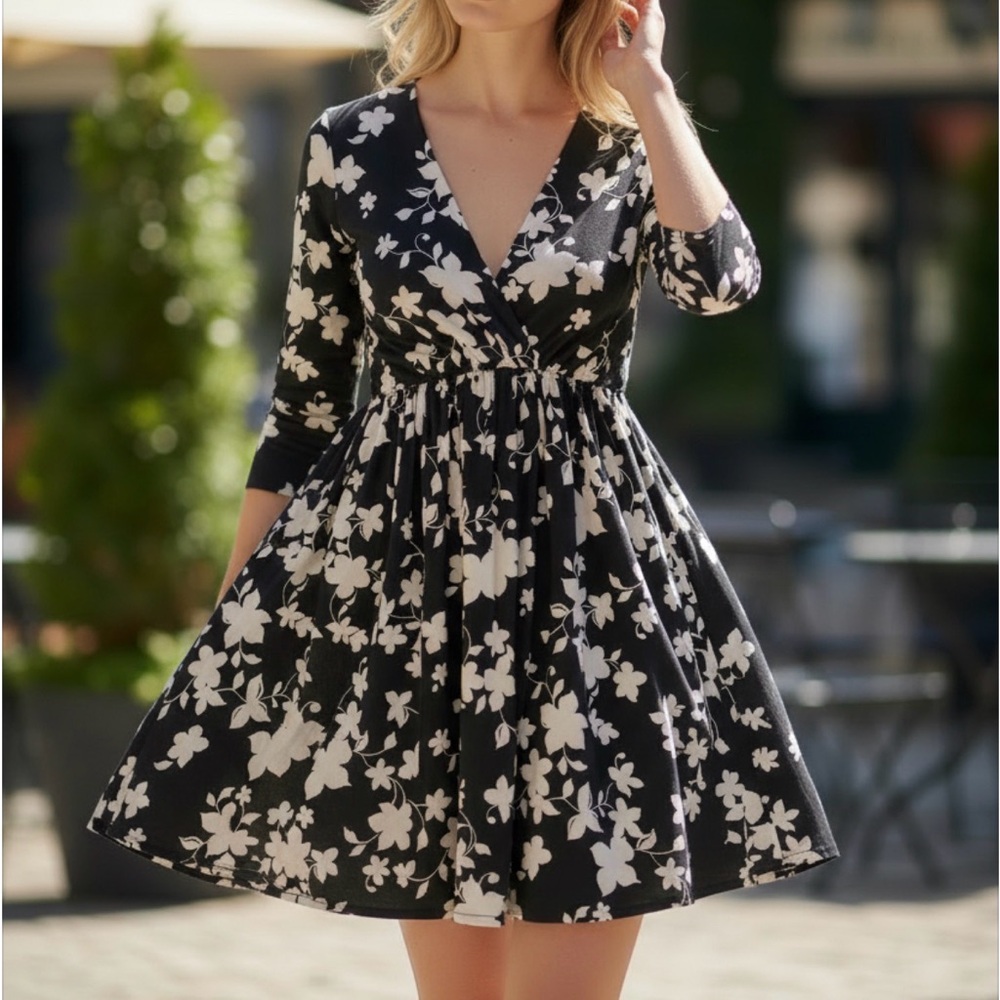 Floral Black and White Babydoll Dress